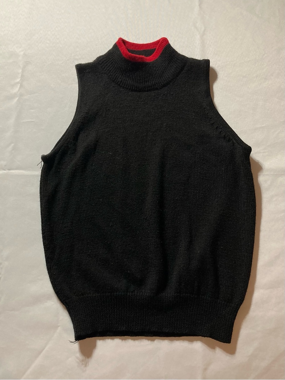 Sleeveless Black Knit Turtleneck Sweater Vest with Red Trim